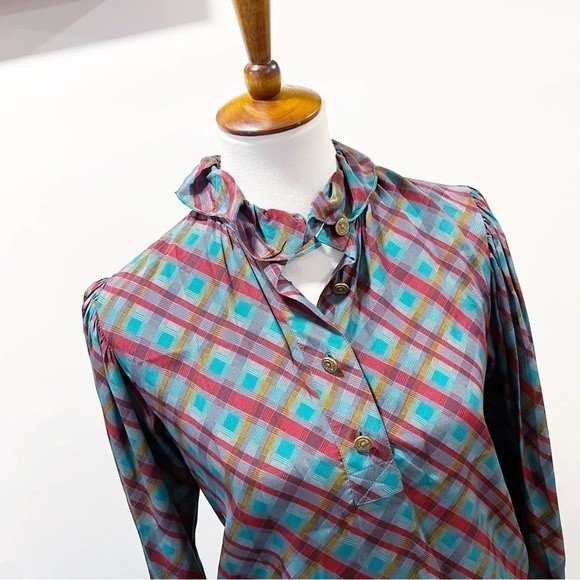 Saint Laurent Rive Gauche Vintage Crosshatch Plaid Silk Blouse Size Small 38 - Picture 1 of 9